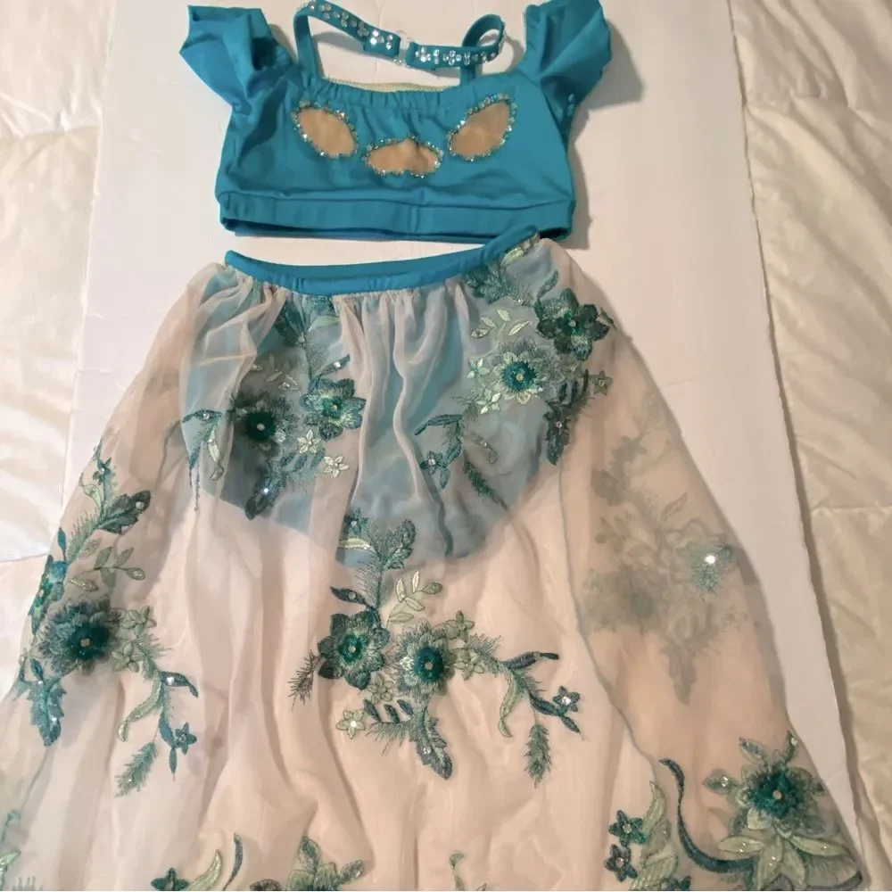 Solo custom dance costume 2 piece teal lyrical  rhinestoned embroidered MC child